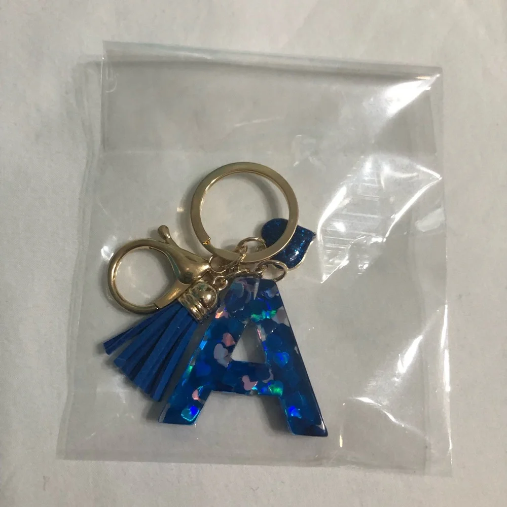 Keychain A initial  Heart Tassel blue gold